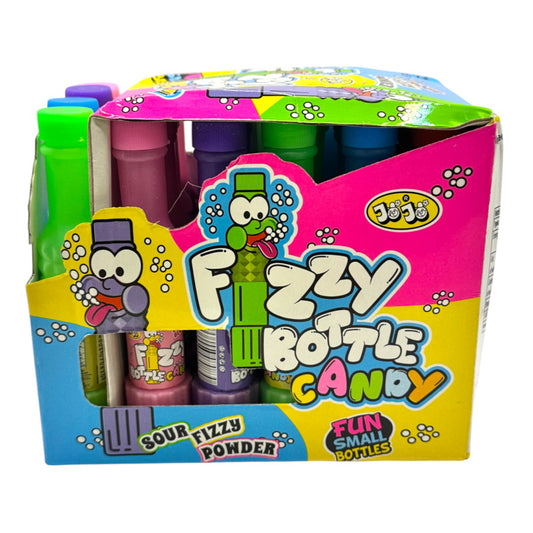 A retail display box of Jell-O Fizzy Bottle Candy, featuring multiple colorful plastic bottles of sour candy visible through a clear front window. The packaging is brightly colored in pink, yellow, blue, and green with cartoon graphics and bold text.
