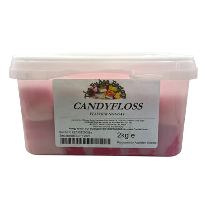 A 2kg plastic tub of Candyfloss Flavour Nougat, featuring a white label with a colorful logo, on a plain white background.