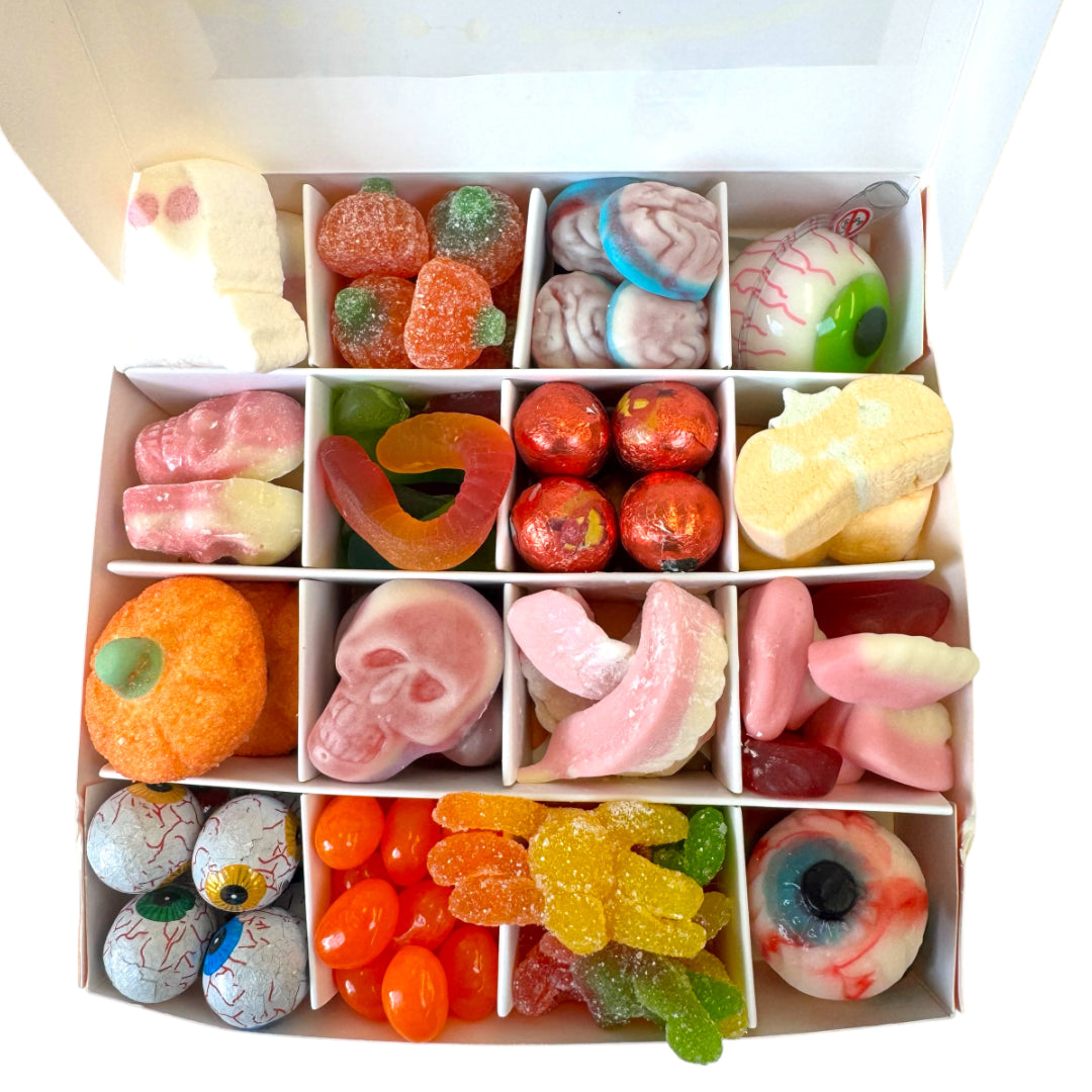 Lollypop Lane halloween sweet box with the lid open displaying the various spooky sweets.