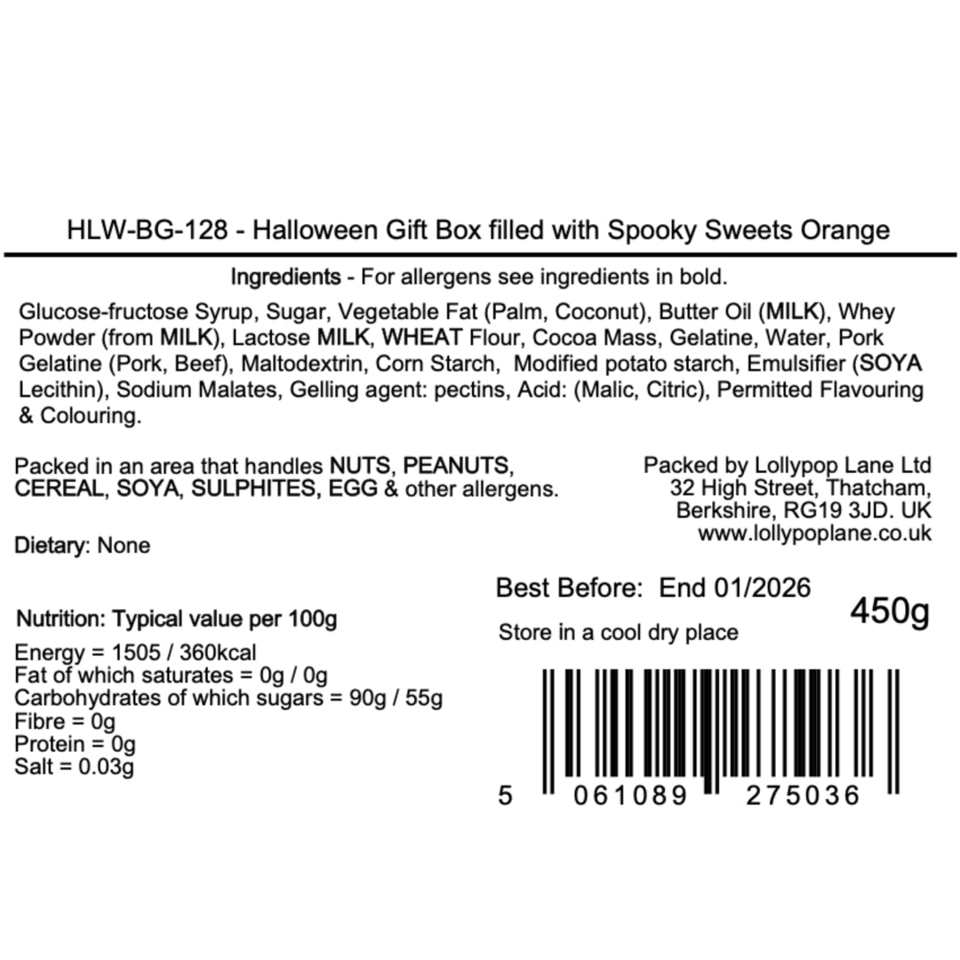 Lollypop Lane Halloween gift box label with ingredients, allergen information, and nutritional details.
