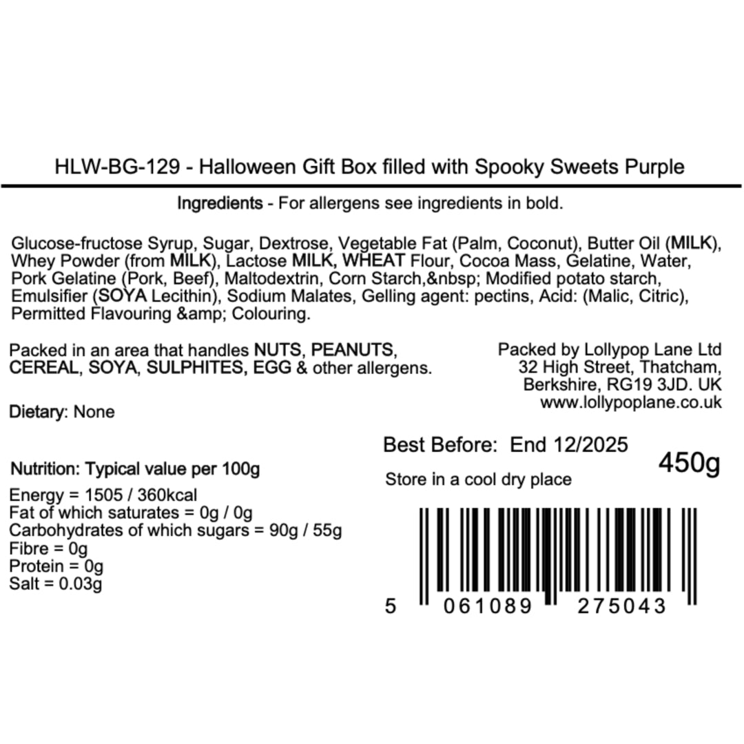Back of a Halloween gift box packaging with ingredients, allergen information, and nutritional details.