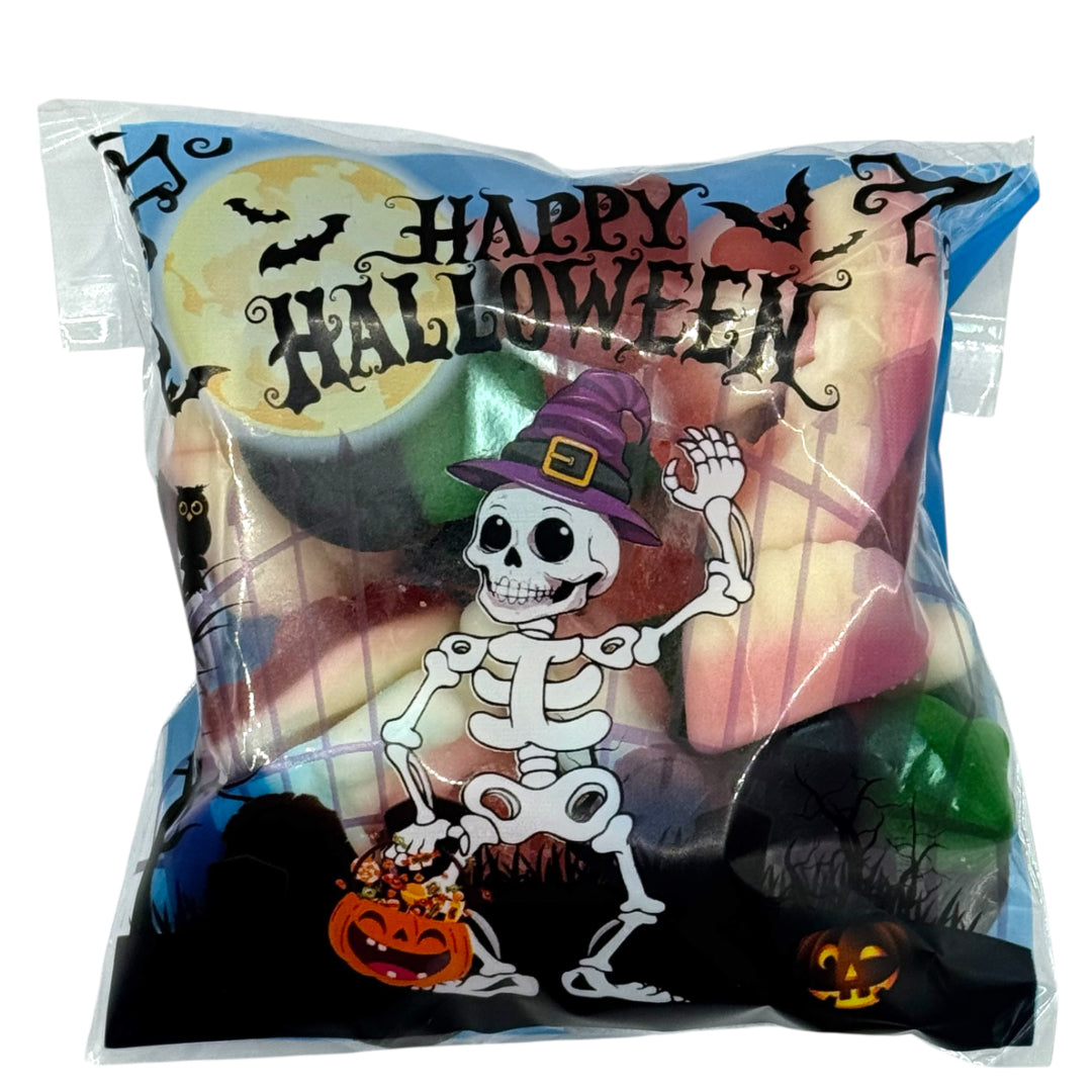 Halloween-themed candy bag with skeleton and candy design, featuring 'Happy Halloween' text.