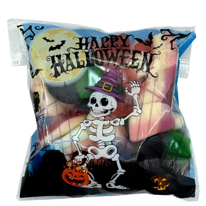 Halloween-themed candy bag with skeleton and candy design, featuring 'Happy Halloween' text.
