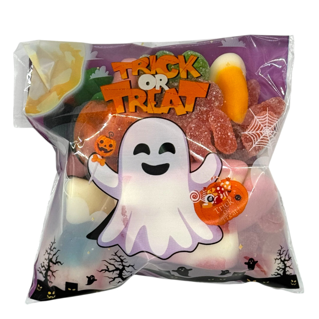 Halloween candy bag with ghost design and 'Trick or Treat' text.