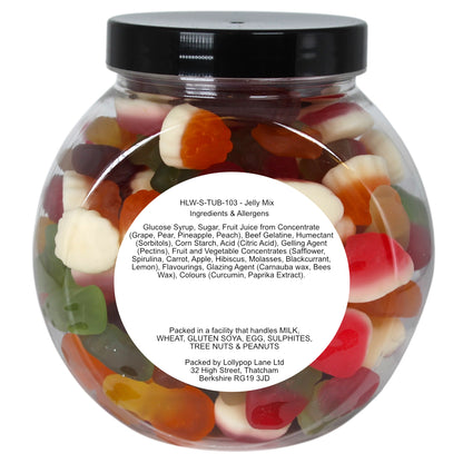 Lollypop Lane Jelly mix sweet jar showing the ingredients and allergens label