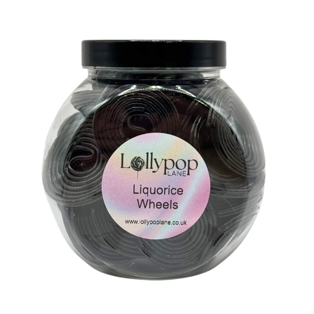 Lollypop Lane sweet jar filled with black liquorice wheels.