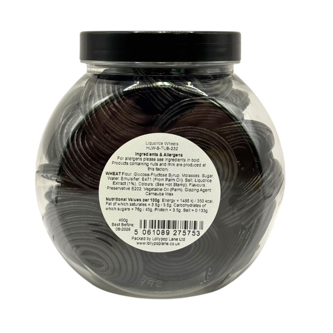 Lollypop Lane sweet jar filled with black liquorice wheels and aa label displaying the ingredients and nutritional values.