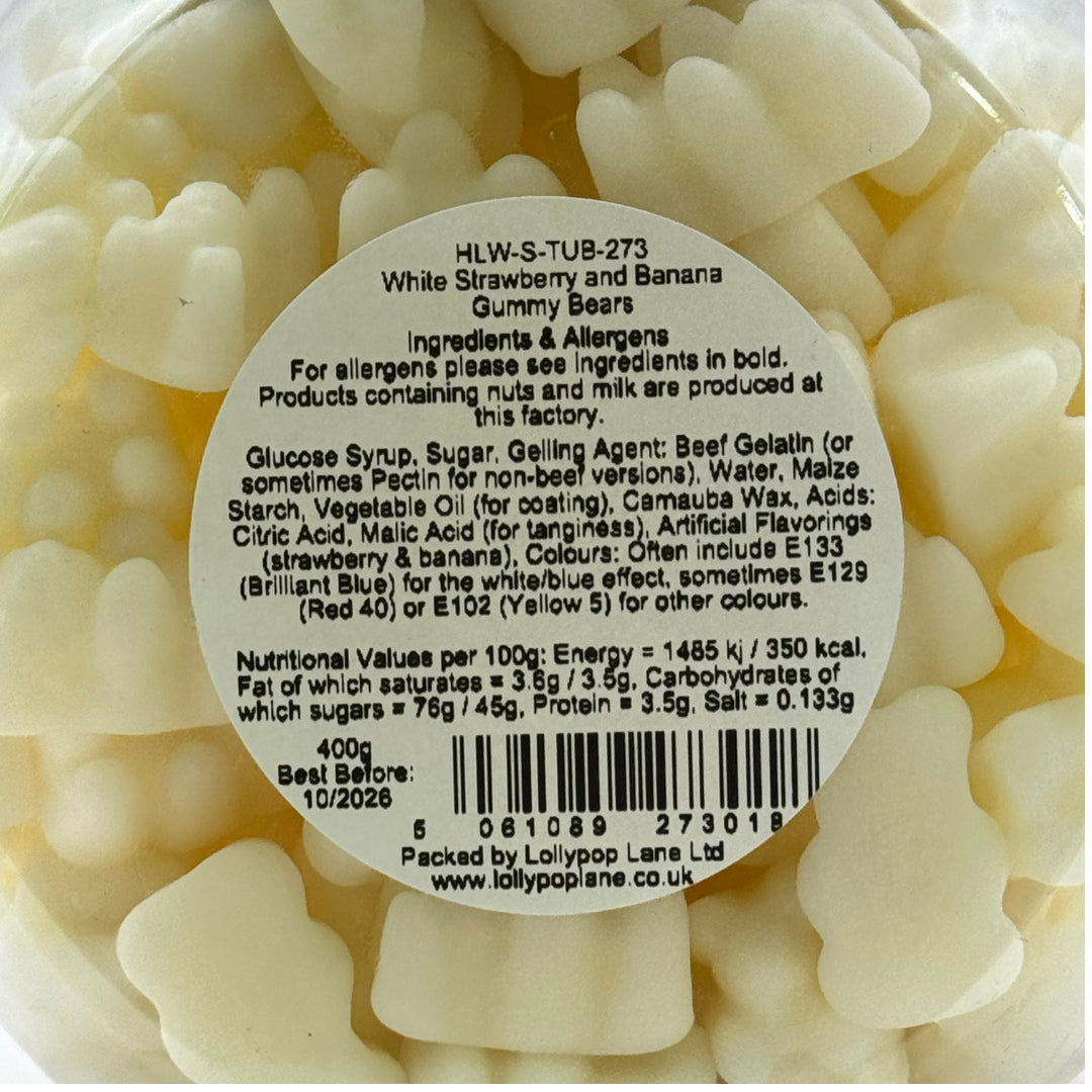 Back of a container of white strawberry and banana gummy bears with a label showing ingredients and nutritional information.