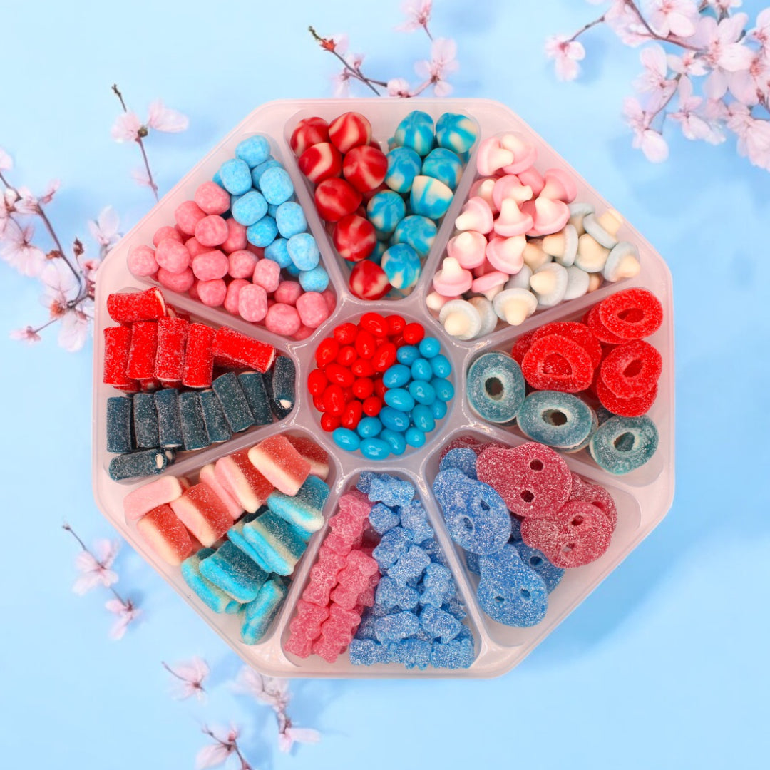 Lollypop Lanes His and Hers sweet plater containing red, pink and blue sweets