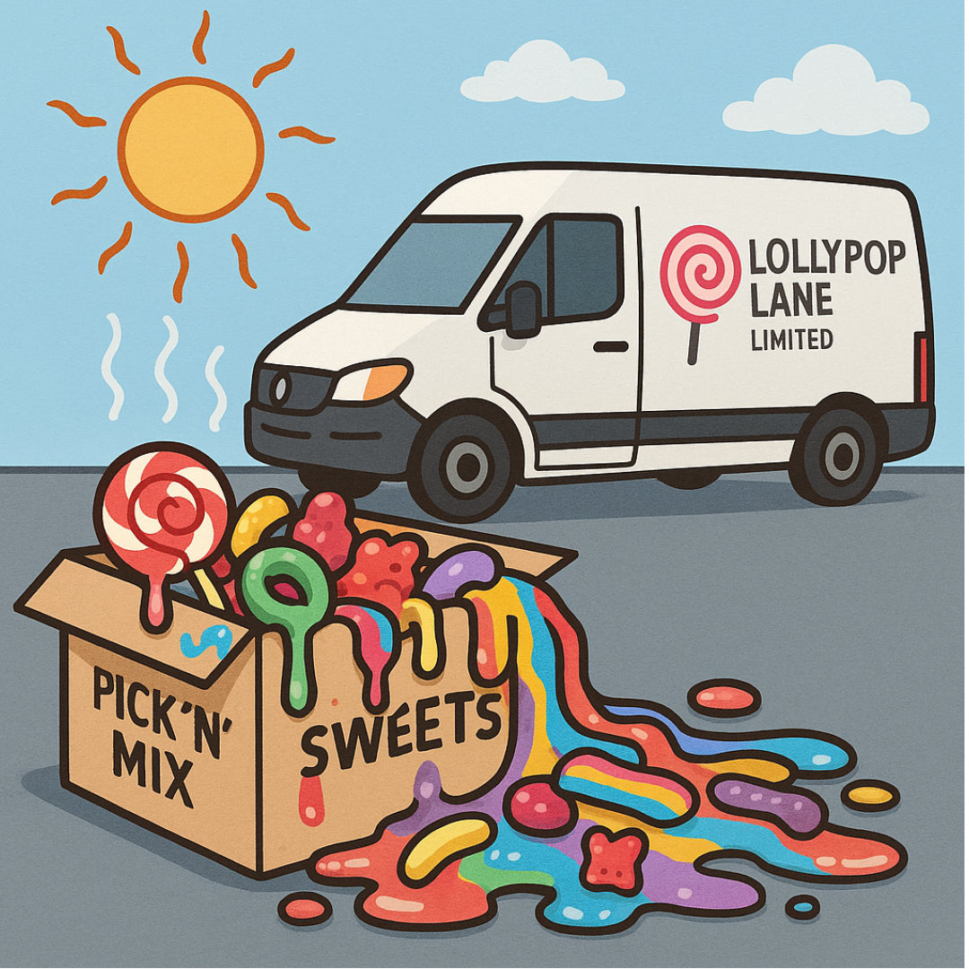 A delivery van and a box of melted sweets indicating hot weather conditions.