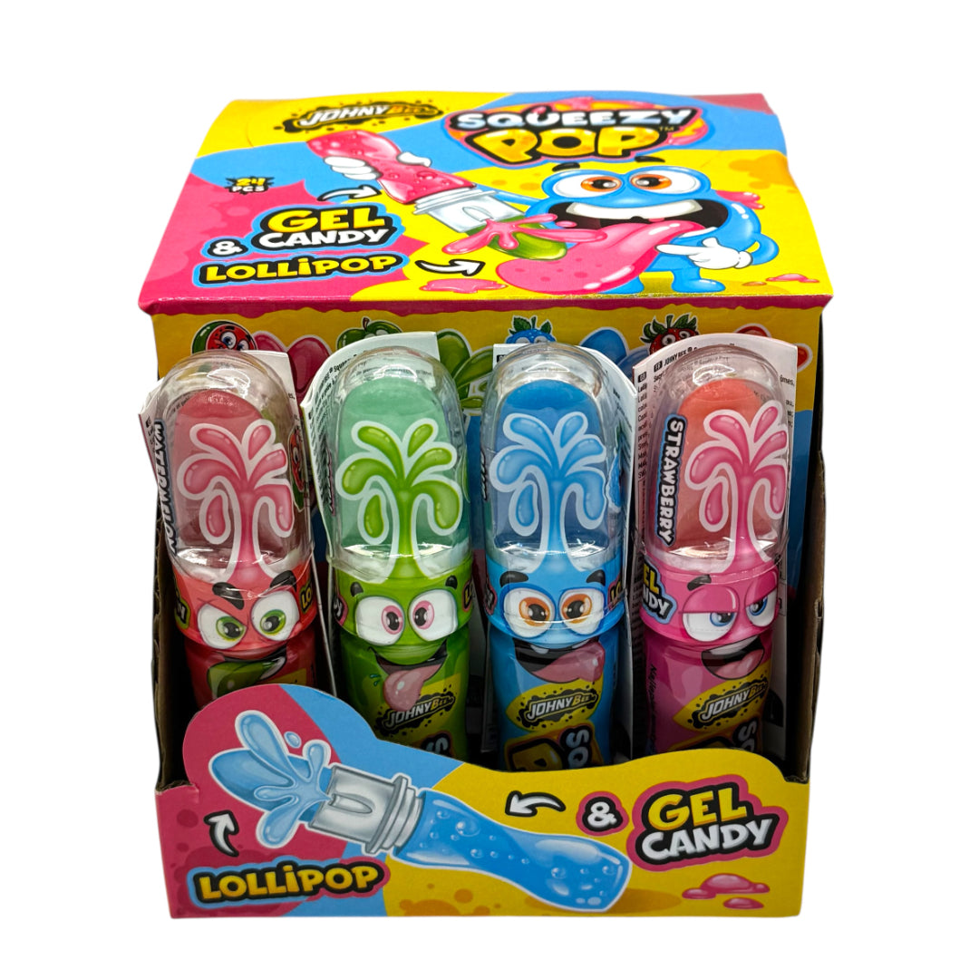 Box of Squeeze Pop gel candy lollipops with colorful packaging.