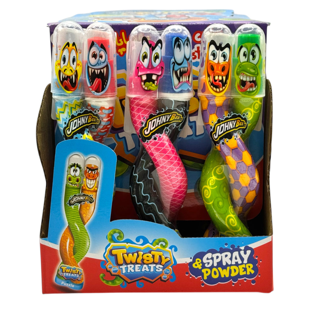 Packaged twist and spray powder with colorful cartoon character designs on a white background
