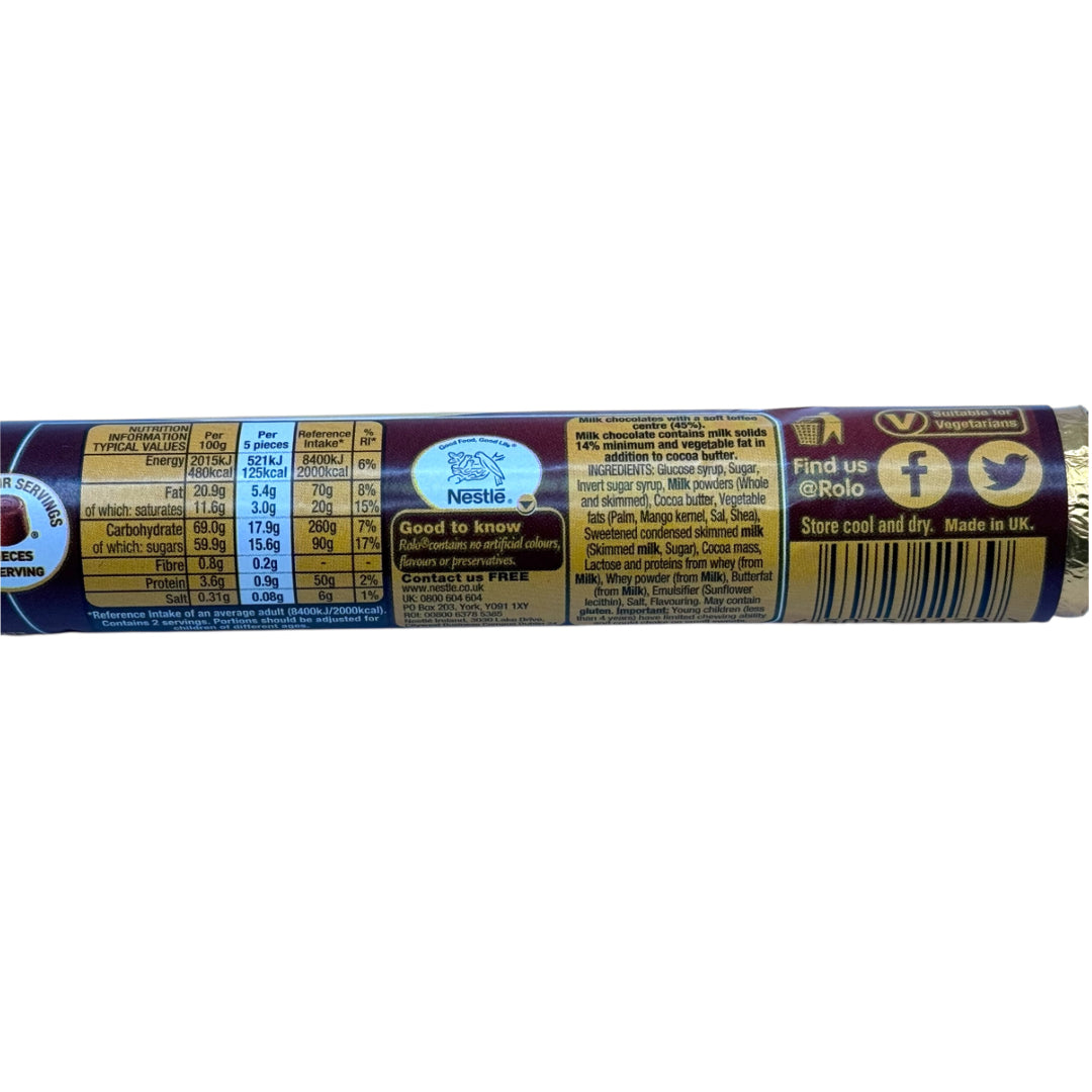 Nestle Rolo chocolate bar packaging ingredients on a white background