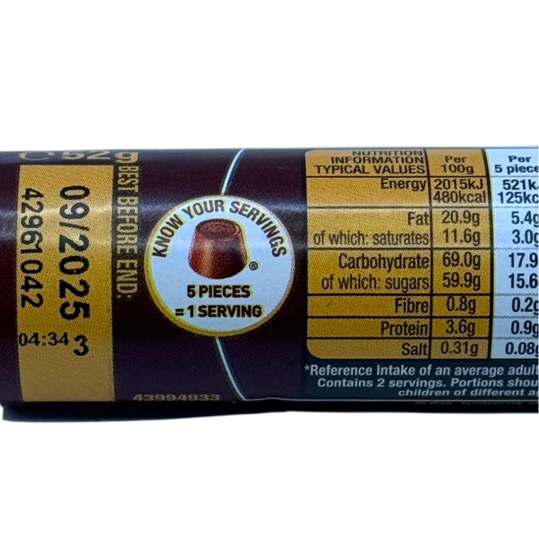 Close-up of a chocolate bar packaging with nutritional information and best before date 09/2025 label.