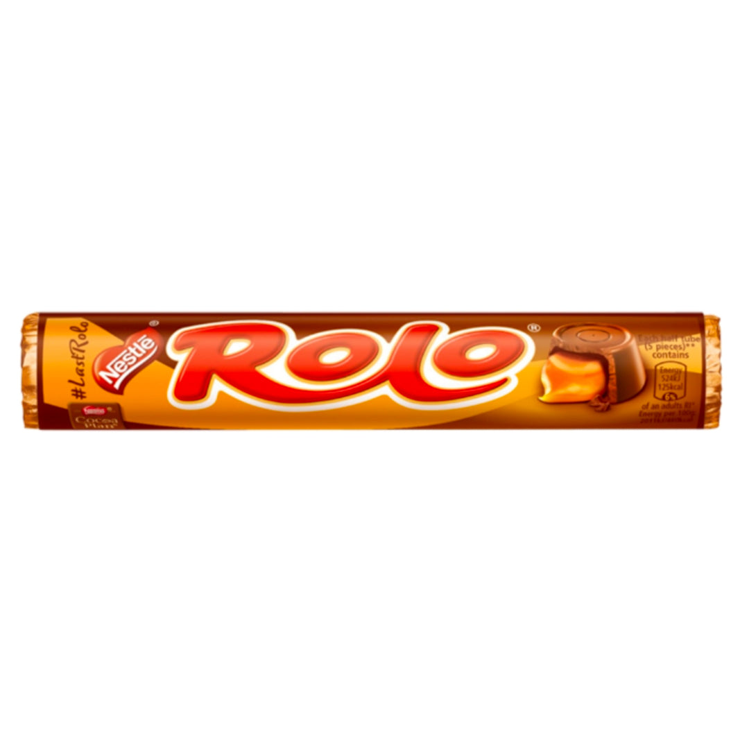 Nestle Rolo chocolate bar packaging on a white background