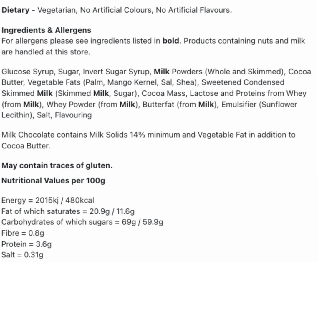 Ingredients and allergen information for Nestle Rolo Tube 52g