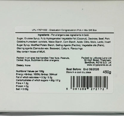 Lollypop Lane Graduation Congratulations Pick n Mix Gift Box rear view showing ingredients and allergens label