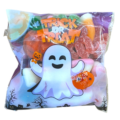Lollypop Lane Halloween ghost themed sweet bag filled with spooky sweet treats.