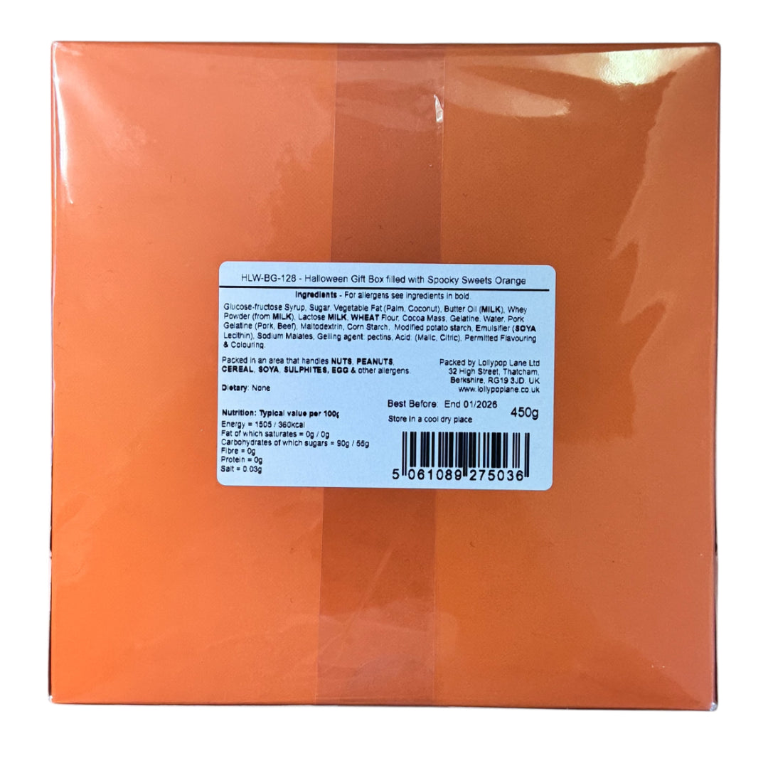 Lollypop Lane Halloween gift box label displaying ingredients and nutritional information.