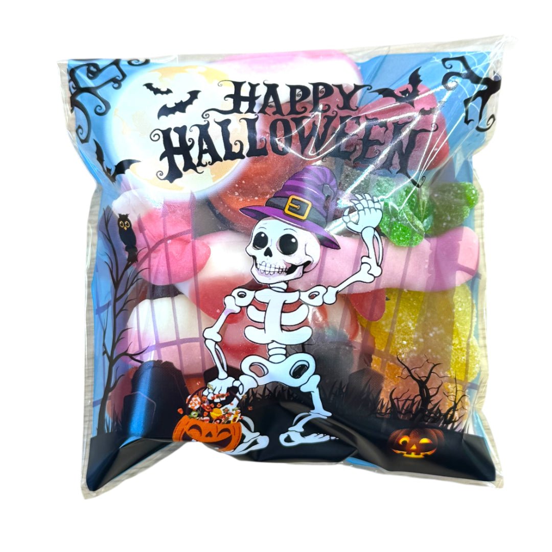 Lollypop Lane Halloween skeleton themed sweet bag filled with spooky sweet treats.