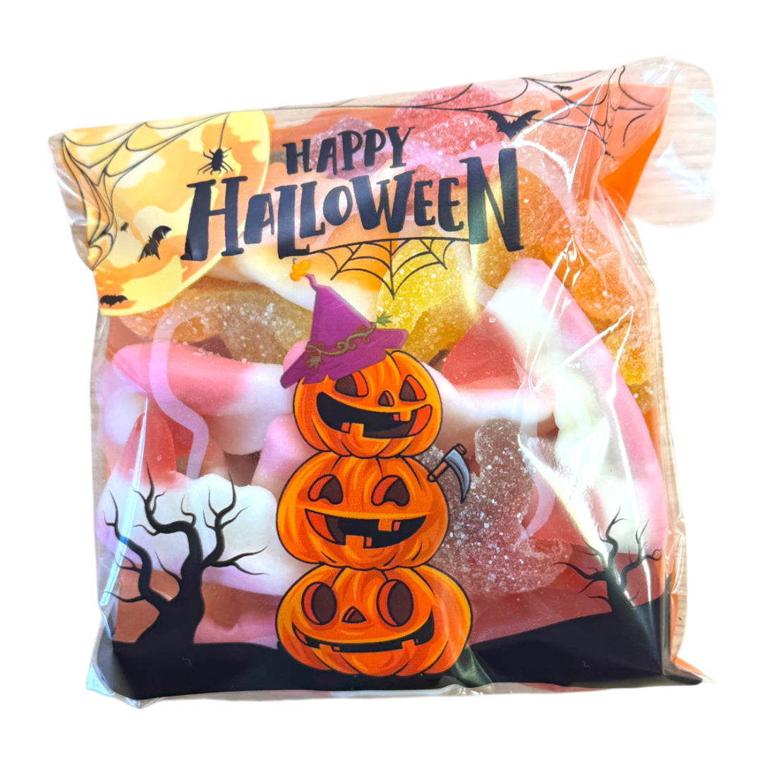 Lollypop Lane Halloween pumpkin themed sweet bag filled with spooky sweet treats.