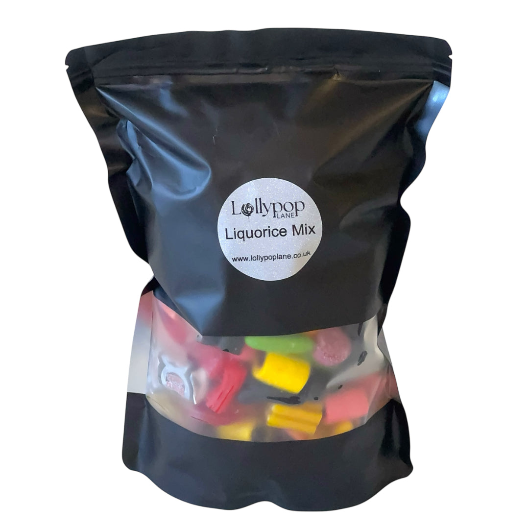 Lollypop Lane sweet pouch filled with liquorice on a white background.