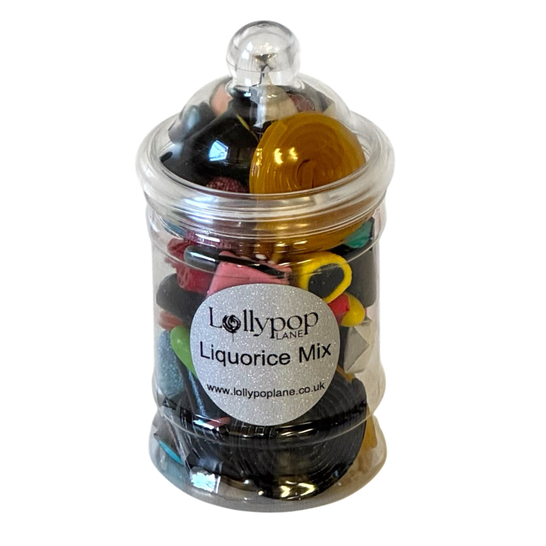 Lollypop Lane sweet jar filled with liquorice on a white background.