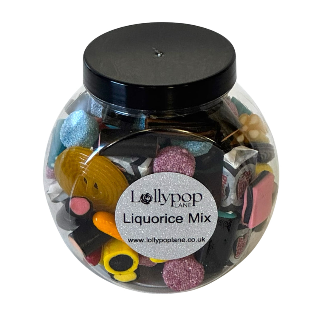 Lollypop Lane sweet jar filled with liquorice on a white background.