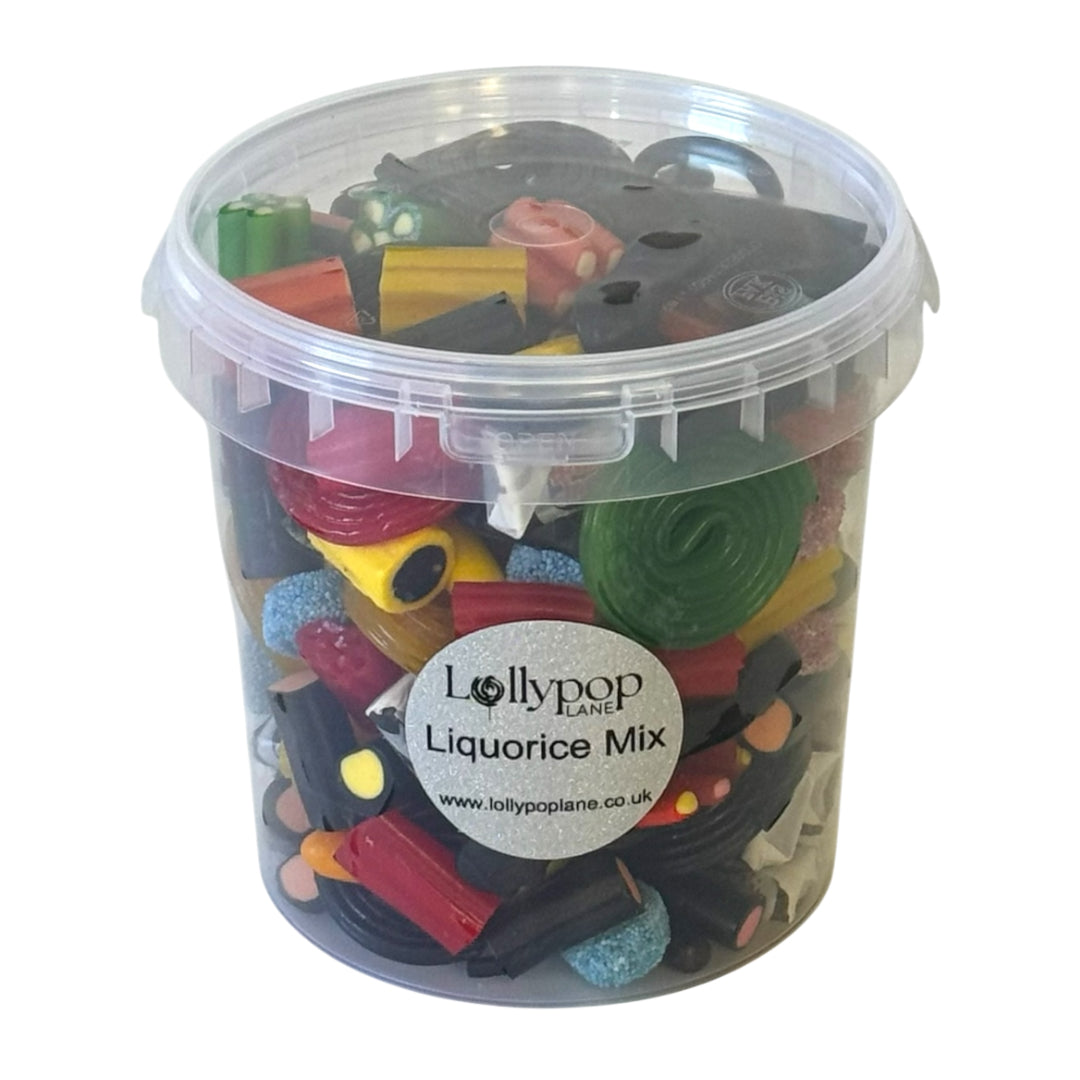 Lollypop Lane sweet bucket filled with liquorice on a white background.