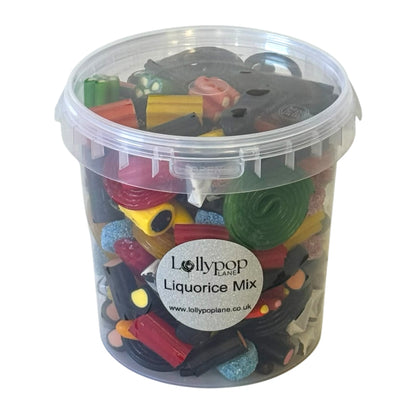 Lollypop Lane sweet bucket filled with liquorice on a white background.