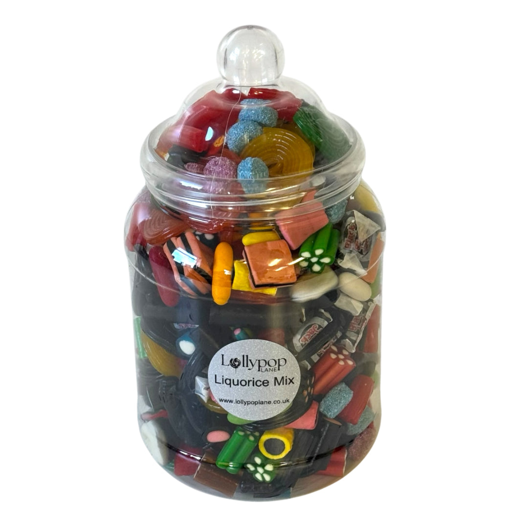 Lollypop Lane sweet jar filled with liquorice on a white background.