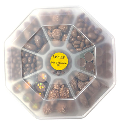 Lollypop Lane platter filled with an assortment of milk chocolate sweets with the lid on a white background.