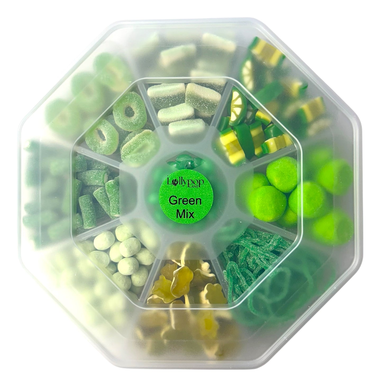 Lollypop Lane sweet platter filled with a selection of green sweets on a white background.