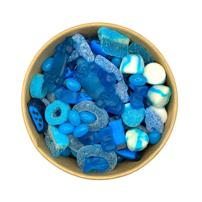 Lollypop Lane pick n mix sweet bowl filled with a selection of blue sweets on a white background.