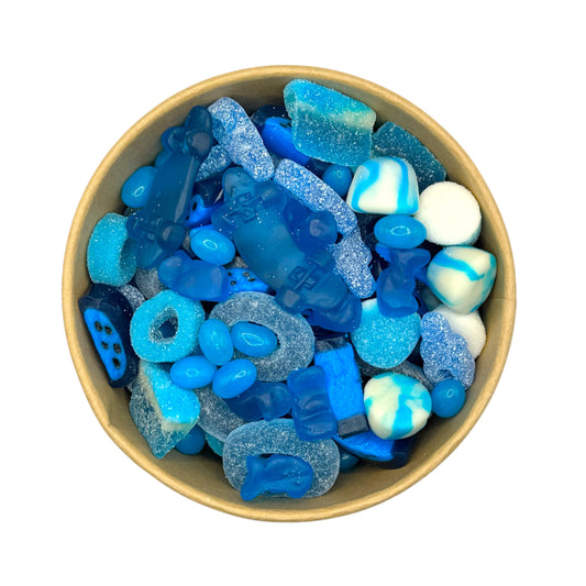 Lollypop Lane pick n mix sweet bowl filled with a selection of blue sweets on a white background.