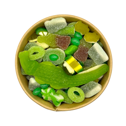Lollypop Lane pick n Mix sweet bowl filled with green sweets on a white background.