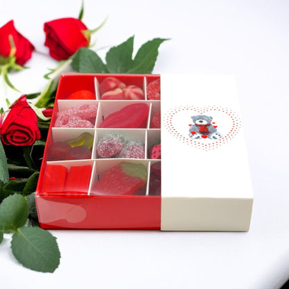 Valentine Red Mix Gift Box with 16 Sweets surrounded by red roses
