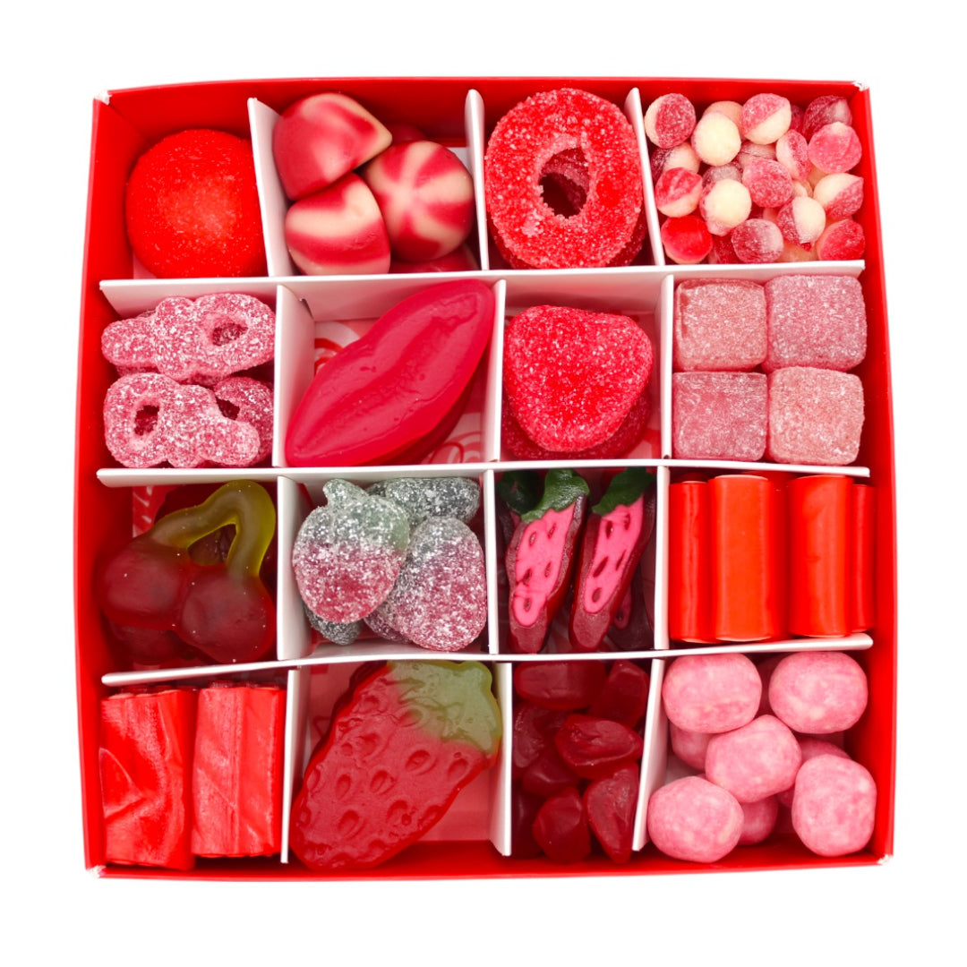 Valentine Red Mix Gift Box with 16 Sweets on a white background.