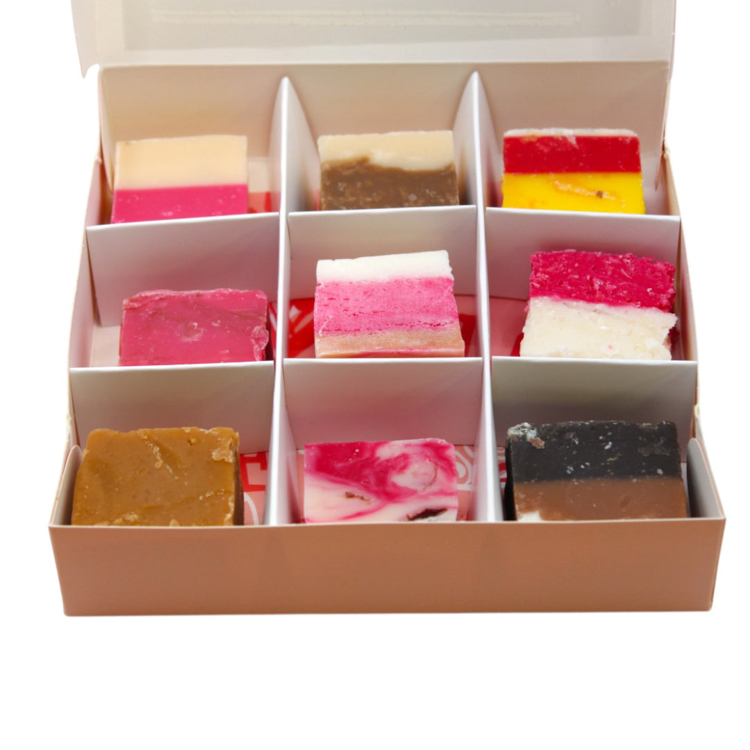 Lollypop Lane Valentine Fudge Gift Box (9 pieces) on a white bakgroud.