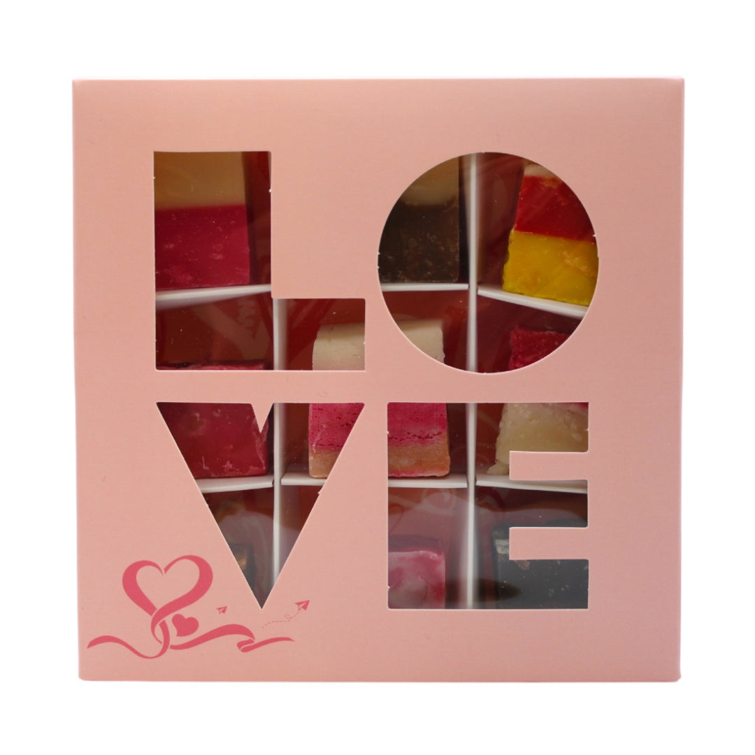 Lollypop Lane Valentine Fudge Gift Box (9 pieces) on a white backgroud.