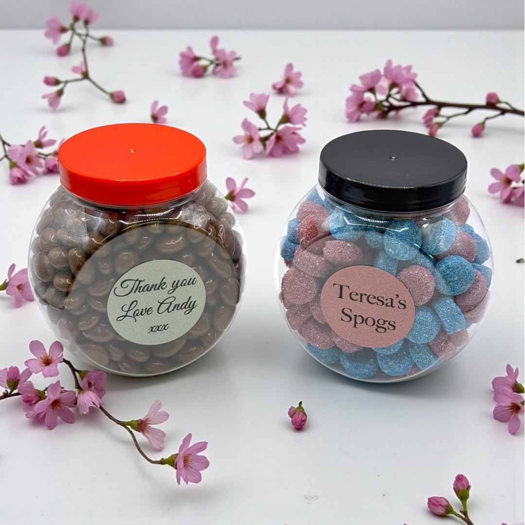 Lollypop Lane Create and Personalise your Mini Sweet Jar. Jars displaying personalised text labels surrounded by blossom