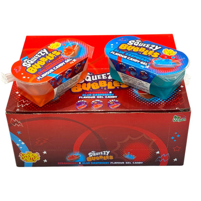 Squeeze Bubbles candy packaging with two containers on a red box