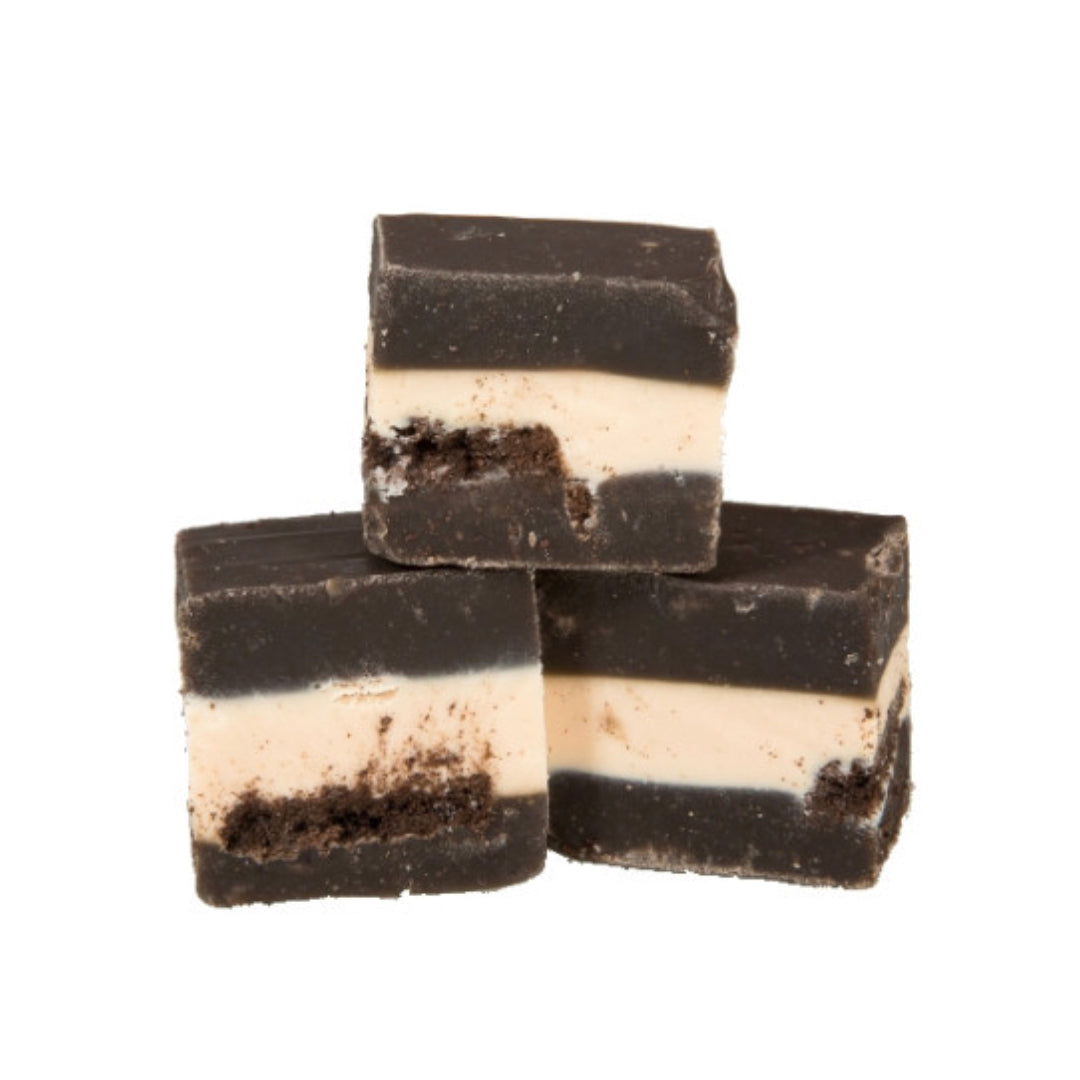 Three chunks of The Fudge Factory Oreo Cookie Flavoured Fudge