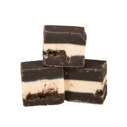 Three chunks of The Fudge Factory Oreo Cookie Flavoured Fudge