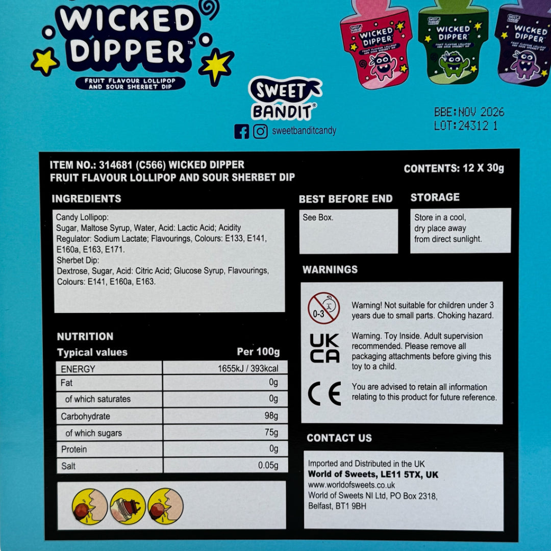 Wicked Dipper product label with branding and product details on a blue background