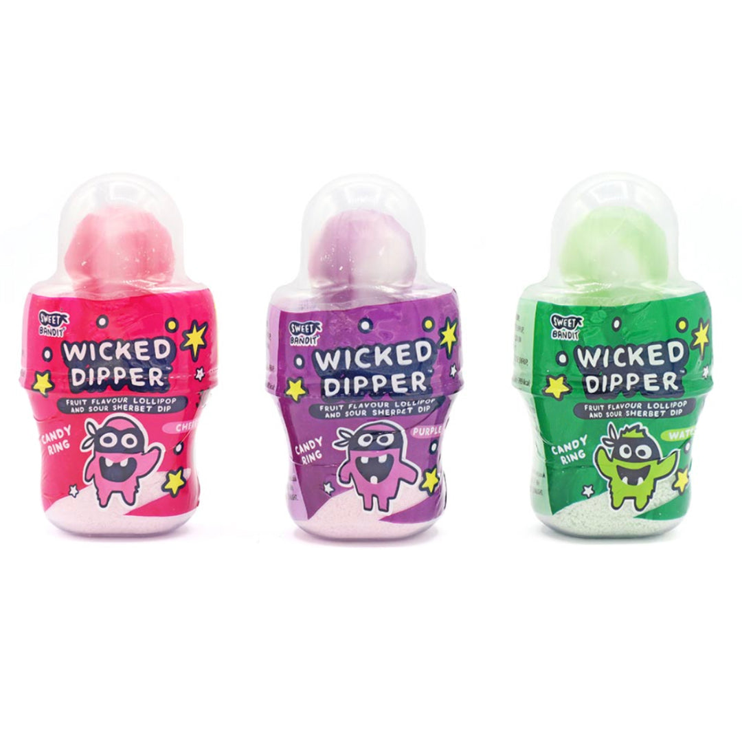 Three 'Wicked Dipper' candy rings in pink, purple, and green packaging on a white background.