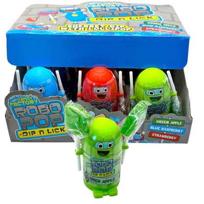 Packaged Robo Pop lollipops with colorful packaging on a white background
