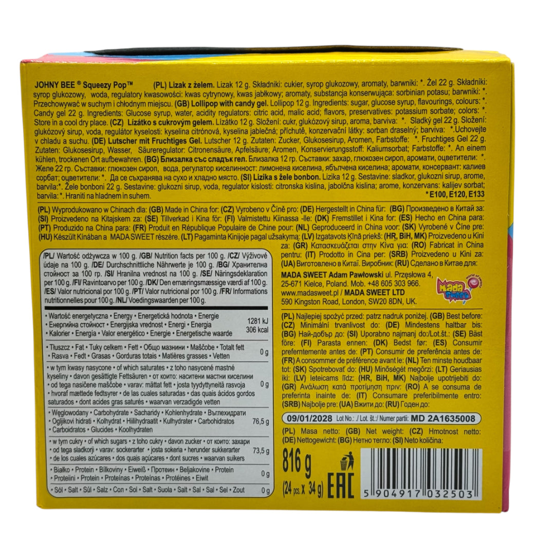 Back of a Johny Bee Squeezy Pop packaging with text and nutrition information.