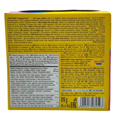 Back of a Johny Bee Squeezy Pop packaging with text and nutrition information.