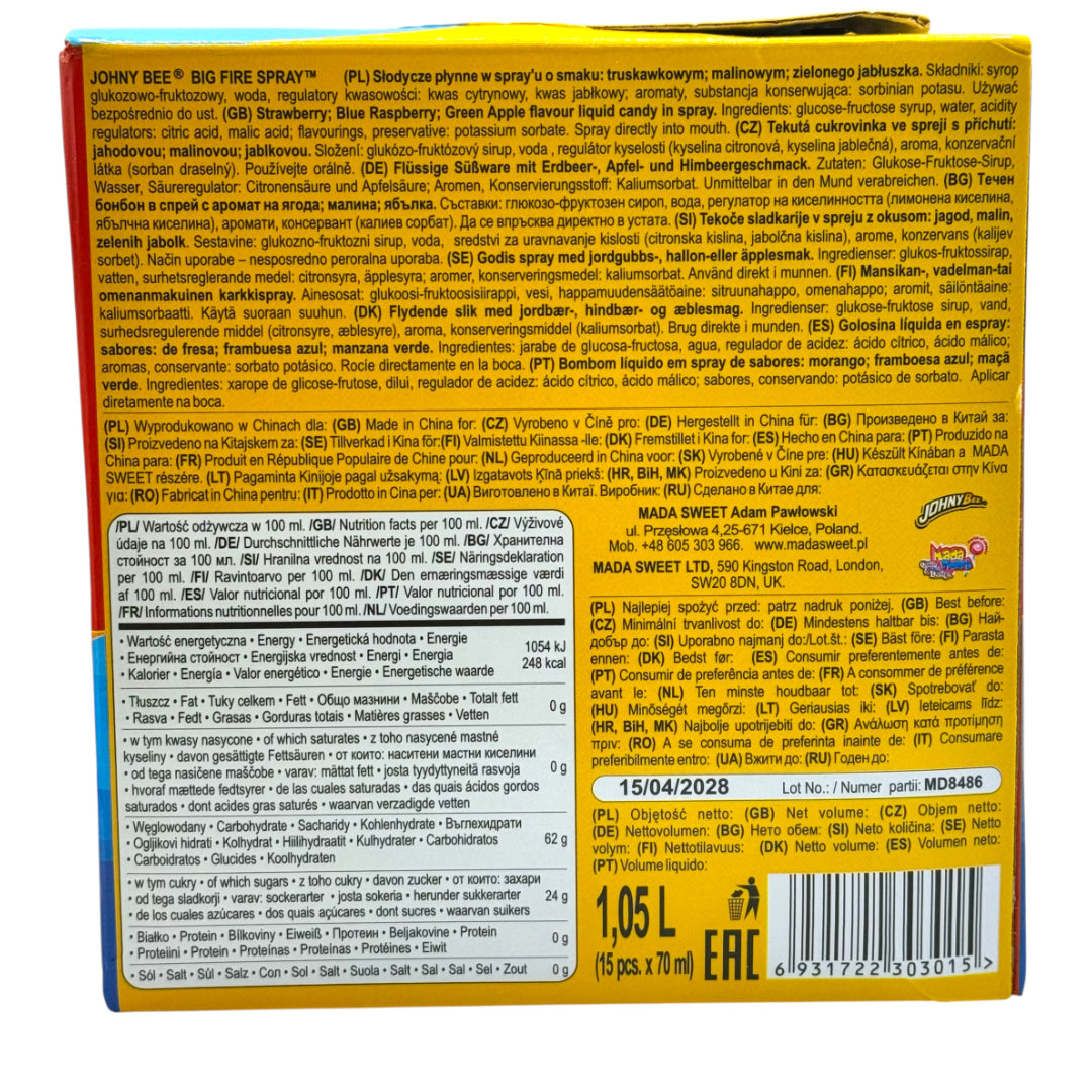 Back of a Johny Bee Big Fire Spray packaging with text and product details.